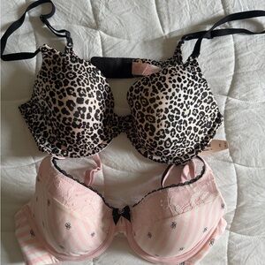 Victorias Secret Leopard Print and Pink Strip Lace Women's Bra Set size 34B